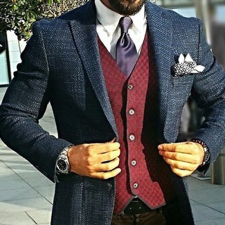Navy Tweed Blazer Outfits For Men: 