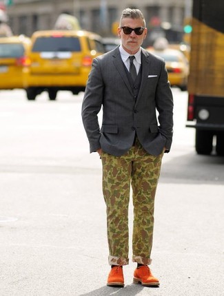 Nick Wooster wearing Olive Camouflage Chinos, White Dress Shirt, Charcoal Waistcoat, Charcoal Blazer