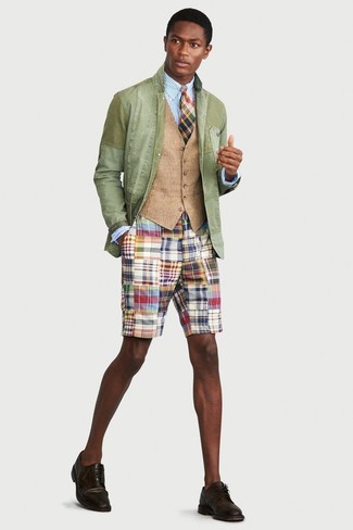 Men's Multi colored Shorts, Light Blue Vertical Striped Dress Shirt, Tan Waistcoat, Mint Cotton Blazer
