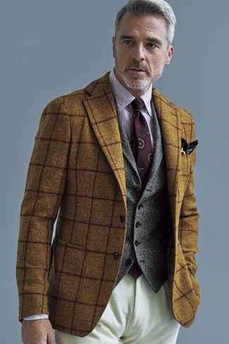 Grey Wool Waistcoat with Dark Brown Wool Blazer Smart Casual Outfits: 