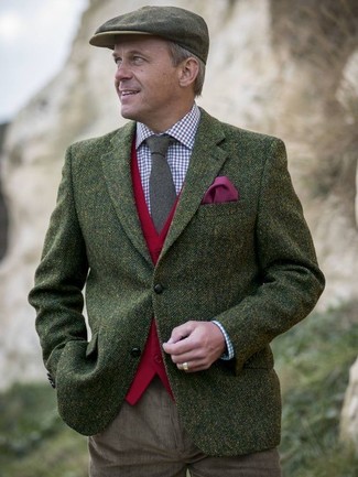 Olive Herringbone Wool Blazer Outfits For Men: 