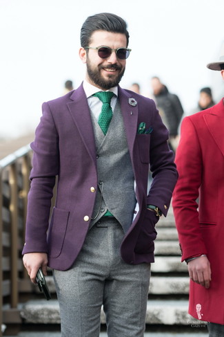 Dark Purple Wool Blazer Outfits For Men: 