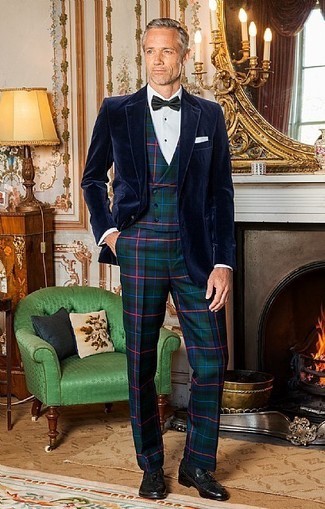 Dark Green Plaid Dress Pants Outfits For Men: 