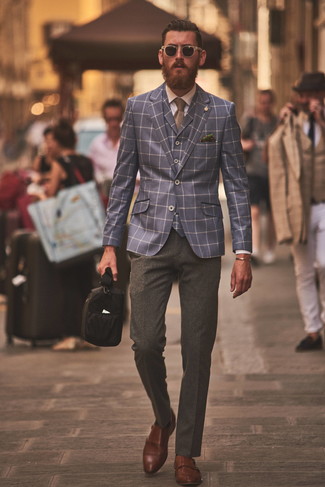 Charcoal Dress Pants with Navy Check Waistcoat Outfits: 