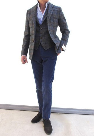Grey Check Wool Blazer Chill Weather Outfits For Men: 