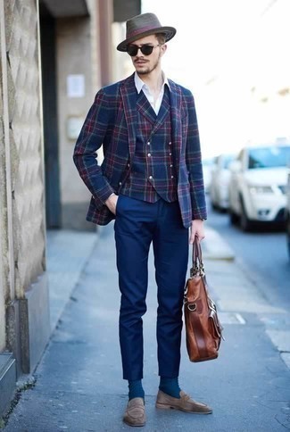 Navy Plaid Blazer with Navy Chinos Outfits: 