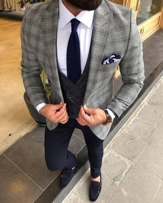 Navy Check Waistcoat with White Dress Shirt Outfits: 