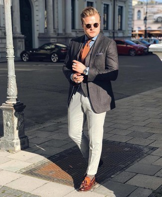 Charcoal Check Wool Blazer Outfits For Men: 