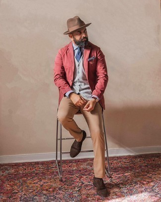 Burgundy Cotton Blazer Outfits For Men: 