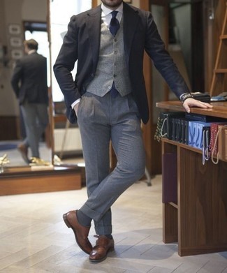 Charcoal Wool Dress Pants with Brown Leather Double Monks Outfits: 