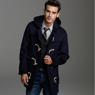 Navy Duffle Coat Outfits For Men: 