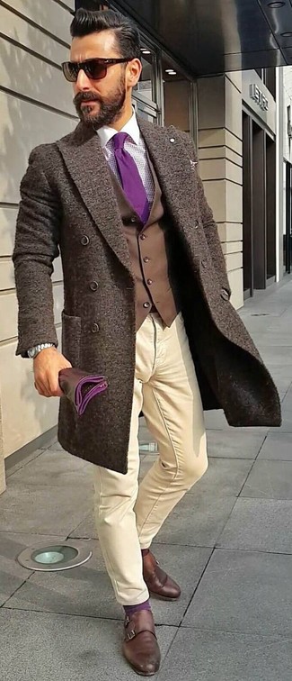 Men's Beige Chinos, Purple Gingham Dress Shirt, Dark Brown Waistcoat, Dark Brown Overcoat