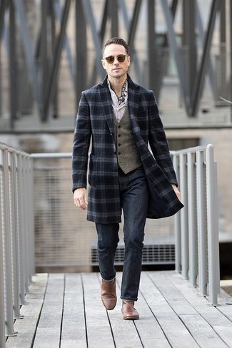 Navy Plaid Overcoat Outfits: 