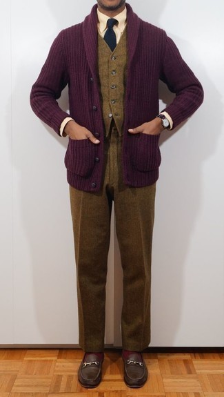 Purple Shawl Cardigan Outfits For Men: 