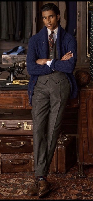 Navy Shawl Cardigan Outfits For Men: 