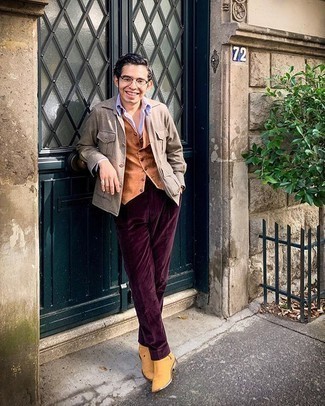 Burgundy Corduroy Dress Pants Outfits For Men: 