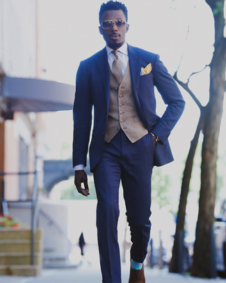 Men's Brown Leather Oxford Shoes, White Dress Shirt, Brown Plaid Waistcoat, Blue Suit