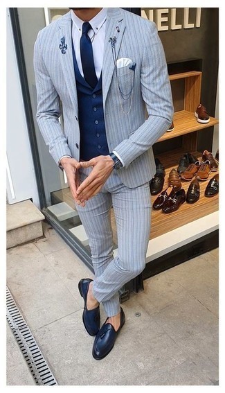 Light Blue Vertical Striped Suit Outfits In Their 30s: 
