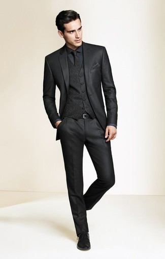 Men's Black Leather Derby Shoes, Charcoal Dress Shirt, Black Print Waistcoat, Black Suit