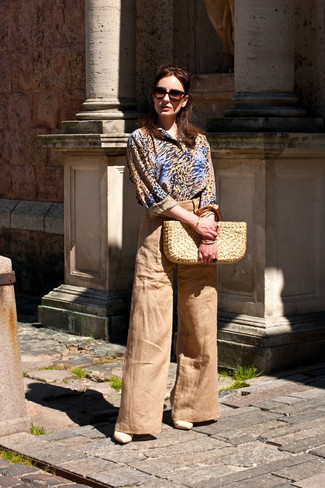 Women's Tan Leopard Dress Shirt, Tan Wide Leg Pants, Beige Leather Heeled Sandals, Beige Straw Tote Bag
