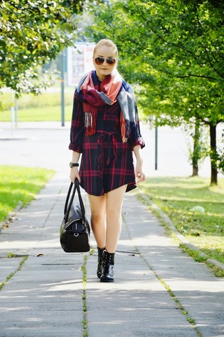 Women's White and Red and Navy Plaid Scarf, Black Leather Duffle Bag, Black Leather Lace-up Flat Boots, Navy Plaid Casual Dress
