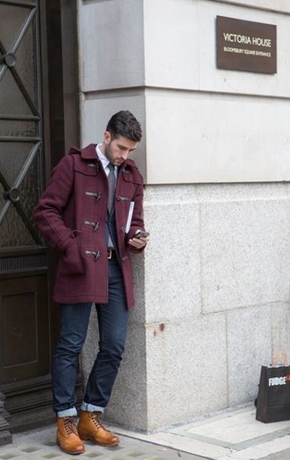 Red Duffle Coat Outfits For Men: Go for a red duffle coat and navy jeans to create a dressy, but not too dressy ensemble. For extra style points, throw in a pair of tan leather casual boots.