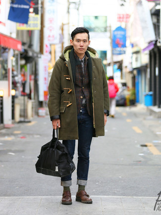 Duffle Coat Outfits For Men: If you don't take your personal style lightly, go for a casually stylish look in a duffle coat and navy jeans. If you wish to effortlessly perk up this look with one item, why not complement your getup with brown leather double monks?