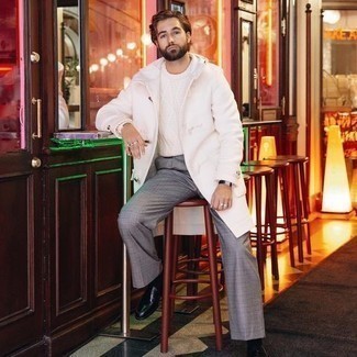 White Duffle Coat Outfits For Men: Marrying a white duffle coat and grey plaid dress pants is a guaranteed way to inject your closet with some rugged refinement. Complement this outfit with black leather loafers and the whole ensemble will come together perfectly.