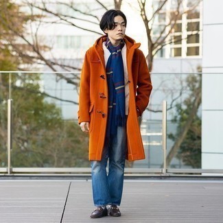 Horizontal Striped Scarf Outfits For Men: An orange duffle coat and a horizontal striped scarf combined together are a sartorial dream for those dressers who love off-duty styles. Finishing with dark brown leather loafers is an easy way to add a bit of zing to this outfit.