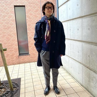 Men's Navy Duffle Coat, Grey Chinos, Navy Leather Brogues, Multi colored Silk Scarf