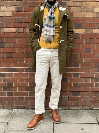 White Jeans Outfits For Men: This pairing of an olive duffle coat and white jeans is proof that a safe ensemble doesn't have to be boring. Our favorite of an infinite number of ways to complement this outfit is a pair of brown leather desert boots.
