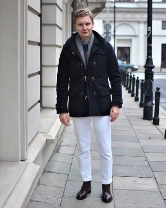 Duffle Coat Outfits For Men: You'll be amazed at how extremely easy it is for any guy to get dressed this way. Just a duffle coat and white chinos. Add a smarter twist to this ensemble by finishing with a pair of dark brown leather dress boots.