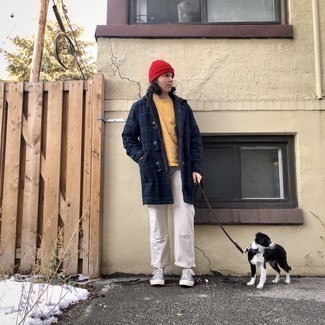 Men's Navy Plaid Duffle Coat, Yellow Crew-neck T-shirt, White Chinos, Grey Canvas Low Top Sneakers