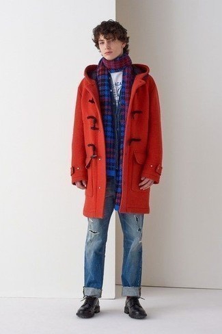 Red Duffle Coat Outfits For Men: Indisputable proof that a red duffle coat and blue ripped jeans look awesome if you wear them together in a casual look. Complete this ensemble with black chunky leather derby shoes to effortlessly ramp up the fashion factor of this getup.
