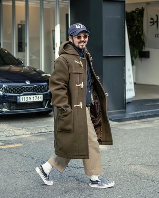 Men's Brown Duffle Coat, Navy Quilted Gilet, Khaki Chinos, Navy Print Canvas Slip-on Sneakers