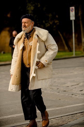 Men's Beige Duffle Coat, Tan Harrington Jacket, Black Chinos, Brown Leather Casual Boots