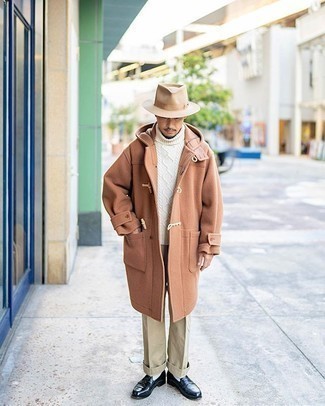 Camel Duffle Coat Outfits For Men: A camel duffle coat and khaki chinos are fitting for both semi-casual events and casual wear. Round off your getup with navy leather loafers to serve a little outfit-mixing magic.