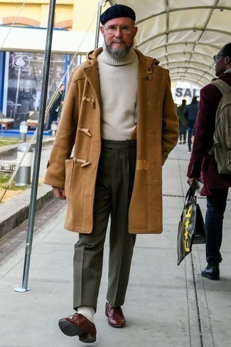 Tobacco Suspenders Outfits: A camel duffle coat and tobacco suspenders are great menswear must-haves that will integrate well within your casual fashion mix. Make your outfit a bit sleeker by rounding off with burgundy leather derby shoes.