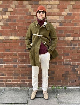 500+ Winter Outfits For Men: For an ensemble that's street-style-worthy and effortlessly classic, try teaming an olive duffle coat with white jeans. A pair of beige suede desert boots will be a stylish companion for your ensemble. We love that this getup is perfect when cold weather hits.