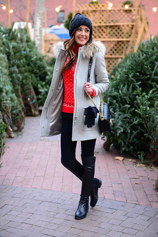 Gloves Outfits For Women: A grey duffle coat and gloves are a great combination that will carry you throughout the day and into the night. Our favorite of a ton of ways to finish off this getup is with black leather knee high boots.
