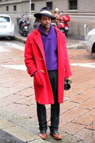 Red Duffle Coat Outfits For Men: A red duffle coat and dark green plaid dress pants are a refined getup that every sharp gent should have in his sartorial collection. The whole look comes together perfectly when you introduce a pair of brown leather brogues to the mix.