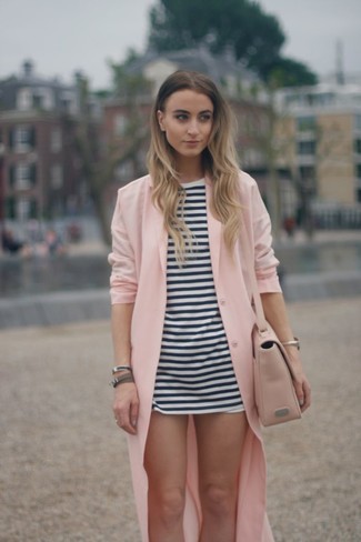 Dark Brown Bracelet Outfits: For an outfit that brings function and style, go for a pink duster coat and a dark brown bracelet.