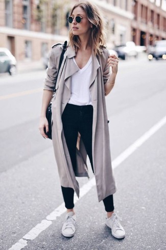 Women's Grey Duster Coat, White V-neck T-shirt, Black Jeans, White Leather Low Top Sneakers