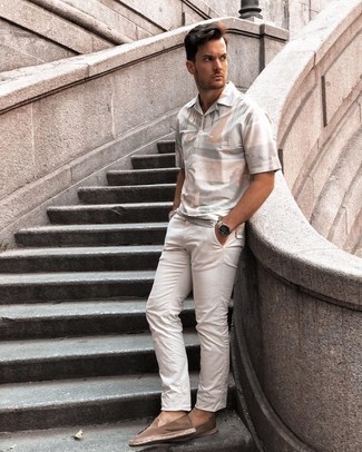 Grey Print Polo Outfits For Men: 