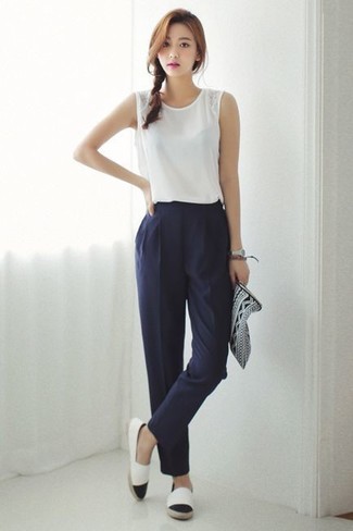 Women's Black and White Print Leather Clutch, White and Black Espadrilles, Navy Tapered Pants, White Sleeveless Top