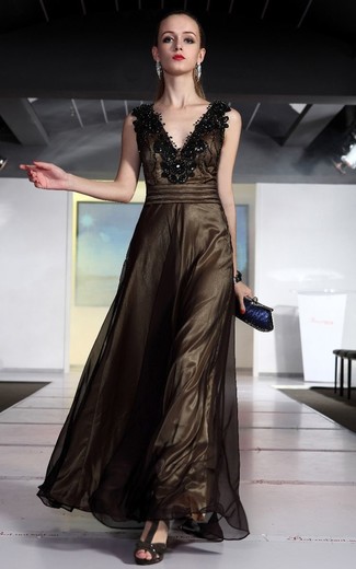 Tobacco Evening Dress Outfits: For a look that's classy and absolutely Vogue-worthy, wear a tobacco evening dress. Change up your look with a more casual kind of shoes, like this pair of dark brown suede heeled sandals.