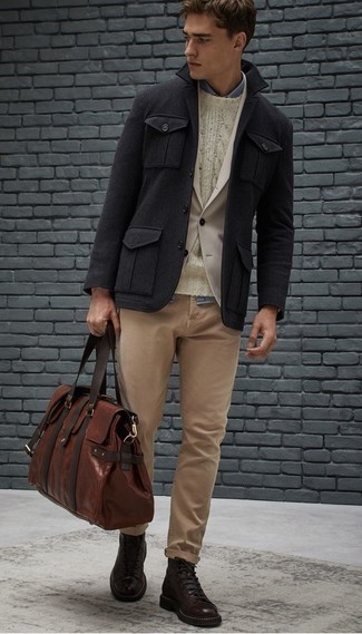 Dark Brown Leather Casual Boots Outfits For Men: This is indisputable proof that a black wool field jacket and khaki jeans look amazing when you team them up in an off-duty look. For something more on the dressier side to finish off this ensemble, introduce a pair of dark brown leather casual boots to this outfit.
