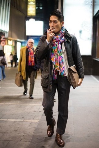 Multi colored Scarf Outfits For Men: Dress in a black field jacket and a multi colored scarf if you're looking for a look idea that is all about laid-back dapperness. Brown leather desert boots will effortlessly elevate even your most comfortable clothes.