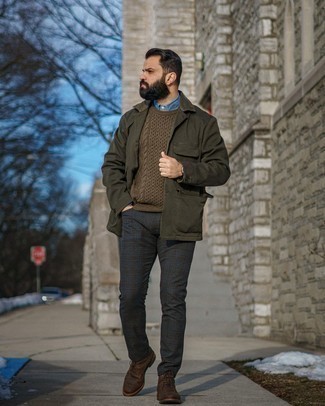 Men's Dark Green Field Jacket, Dark Brown Cable Sweater, Blue Chambray Long Sleeve Shirt, Charcoal Plaid Wool Chinos