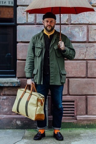Yellow Scarf Outfits For Men: Wear a dark green field jacket with a yellow scarf for a casual look with an edgy take. Black leather loafers are guaranteed to breathe an added dose of elegance into this look.